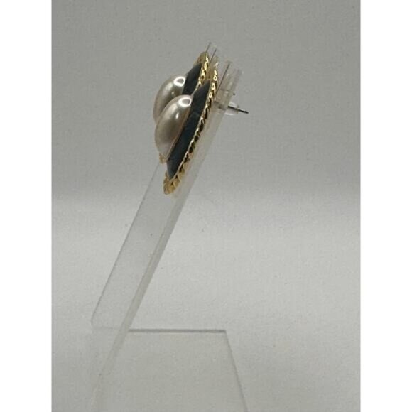 Vintage Gold-Tone & Black Oval Earrings With Faux Pearl Center - Picture 6 of 7